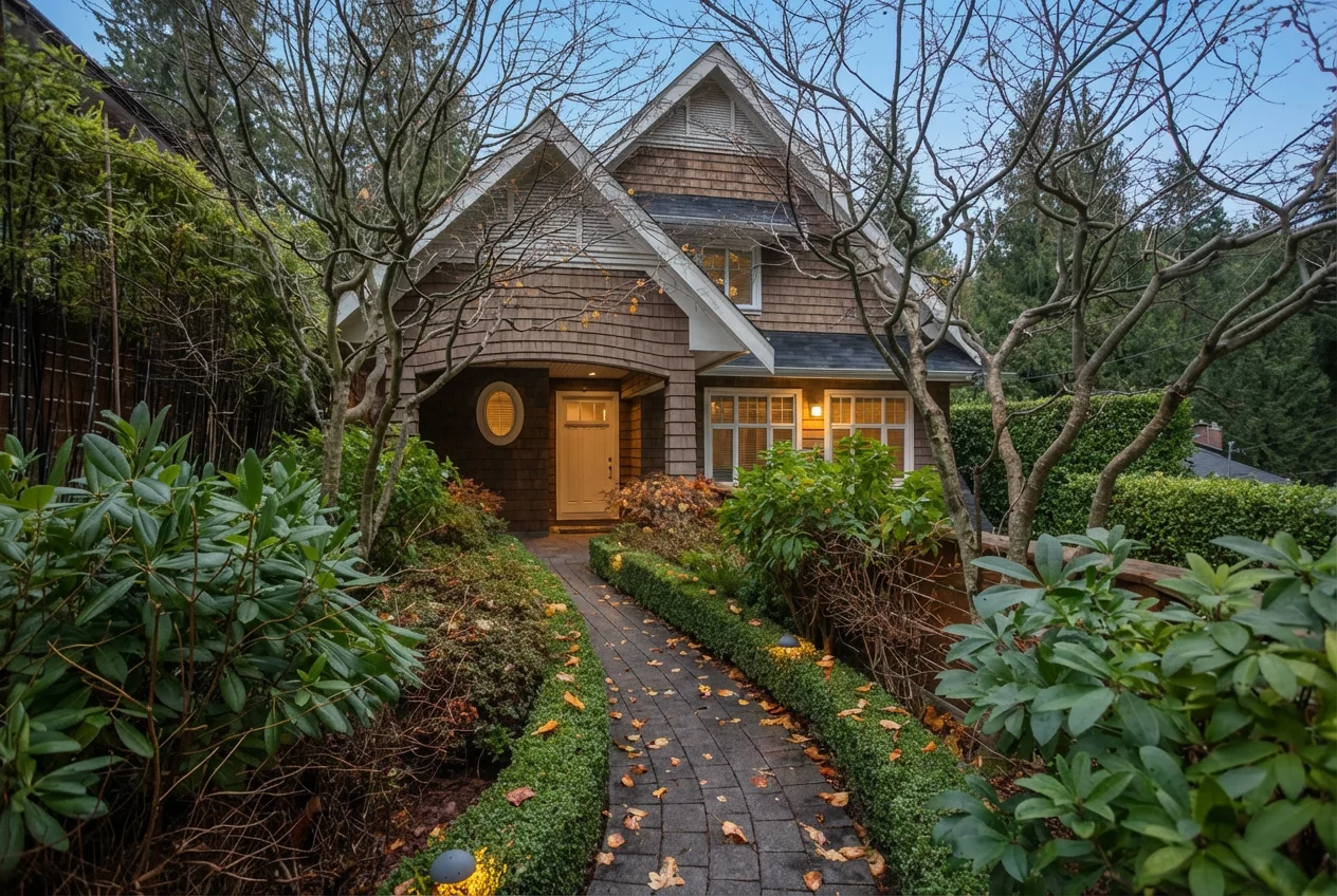 Storybook shingle-style home in West Vancouver framed by autumn gardens at dusk