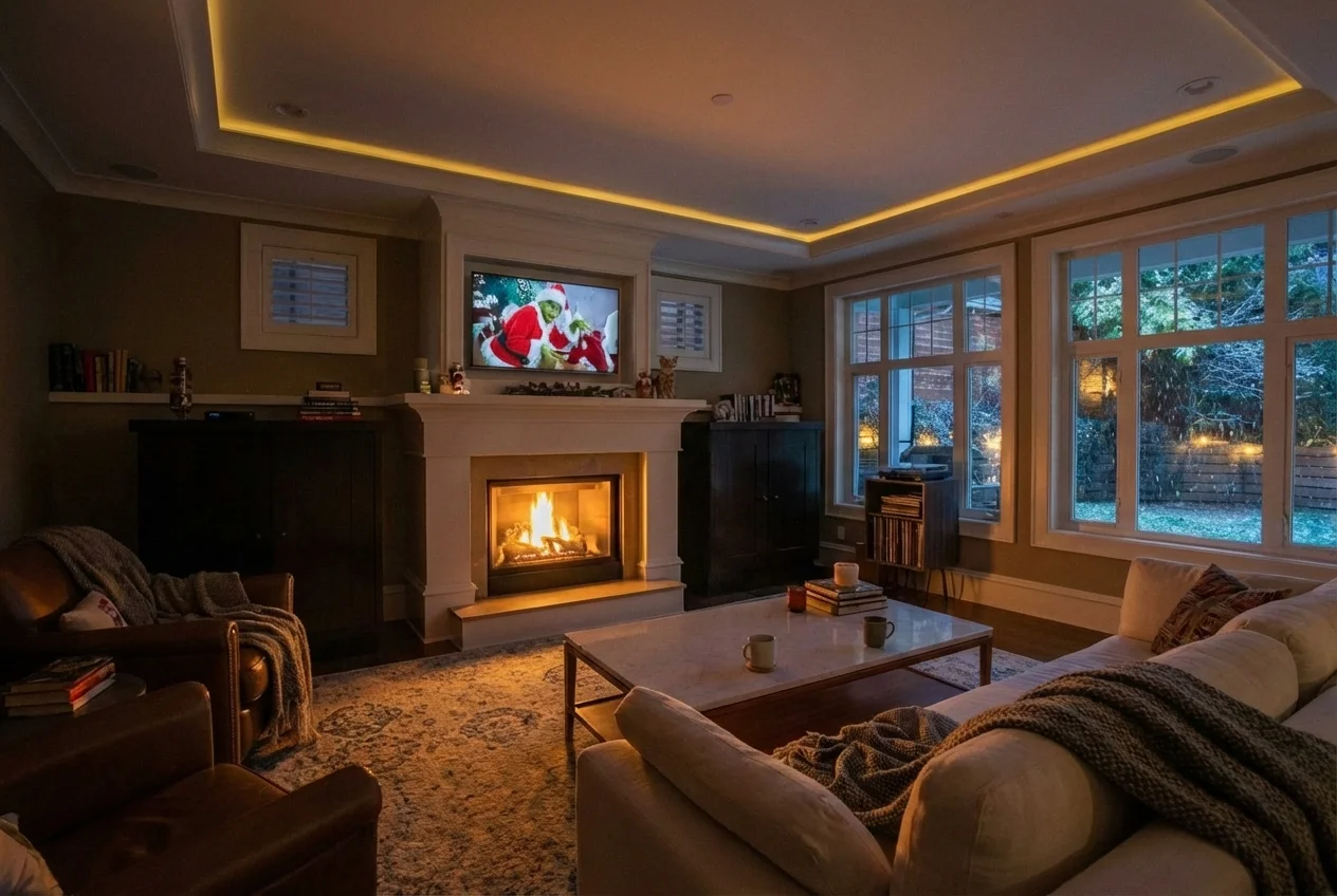 Cozy evening living room with a lit fireplace, ambient cove lighting, and garden views