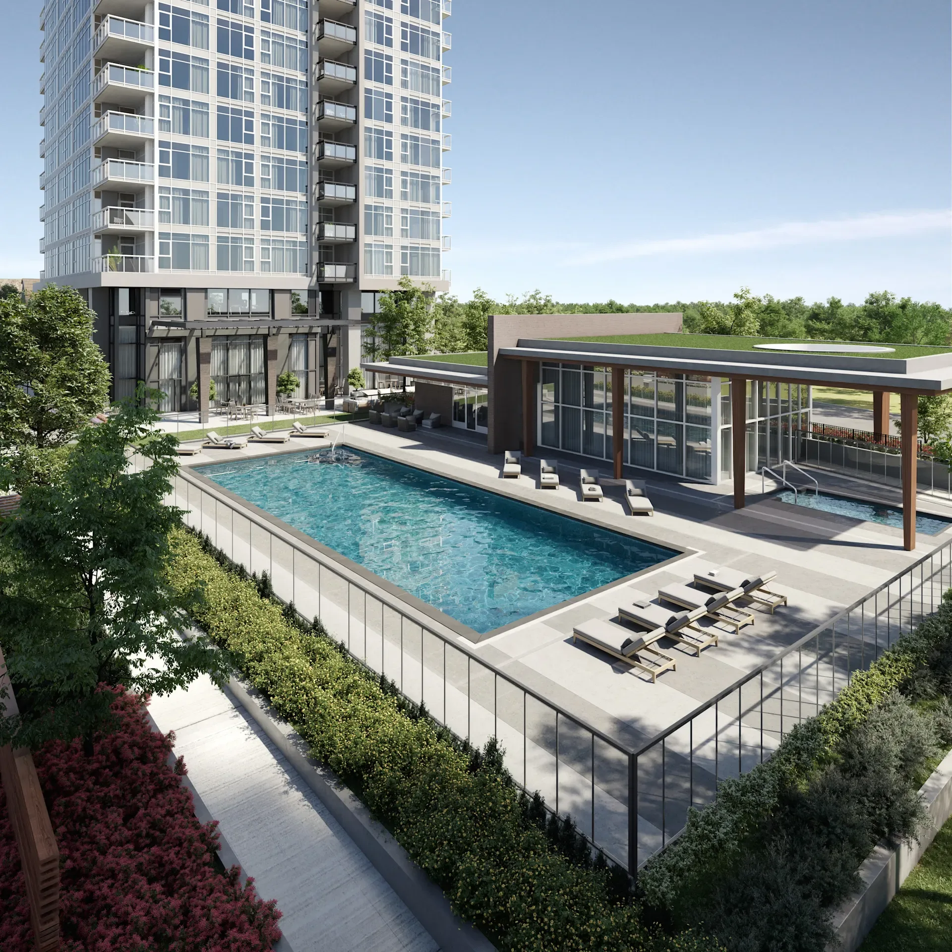 Aerial view of the resort-style outdoor pool and lounge deck at 720 Farrow St