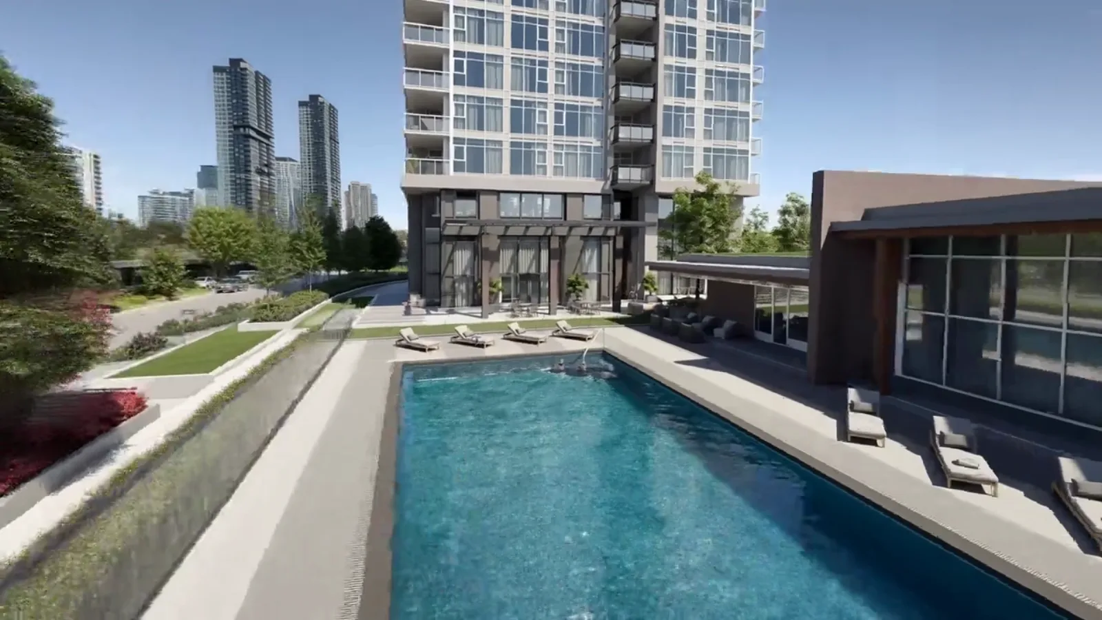 Aerial fly-through approaching the resort-style pool and lobby at 720 Farrow